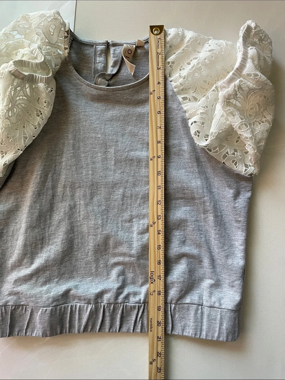 Anthropologie DOLAN Light Gray Top with White Lace Puff Sleeves